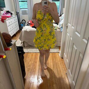 MANGO Casual Yellow Floral Spaghetti Strap Mini-Dress Size L/8